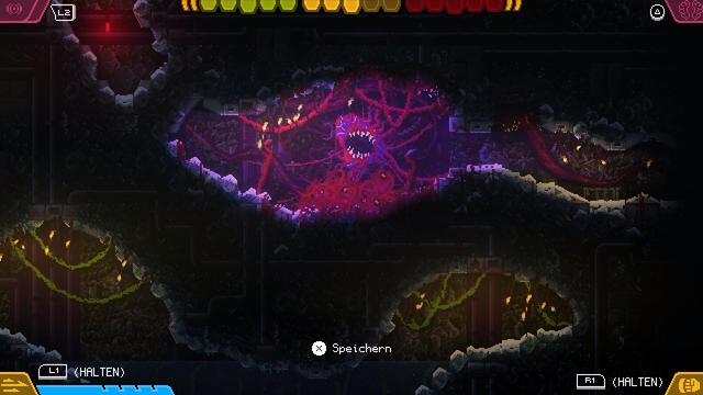 Screenshot von dem Game Carrion, auf dem ein rotes Monster in einer Höhle zu sehen ist.