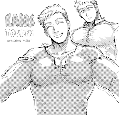 Dungeon Meshi fan art. A sketch of Laios, a young man with light short hair and a robust, muscled body, wearing a long-sleeved undershirt. Laios has his open arms towards the viewer, smiling in a friendly manner. His shirt fits a bit tight, accentuating his chest and arms. There is another Laios sketch in the top right corner, where he is looking down at his chest, and wears a button-up shirt that is barely staying buttoned, threatening to pop open. The top left corner reads "LAIOS TOUDEN, DUNGEON MESHI".
