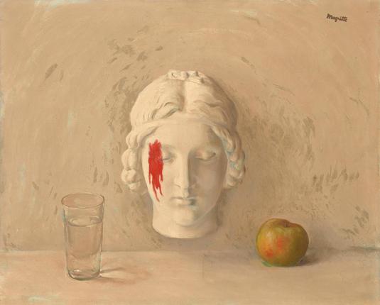 A painting by Rene Magritte called La Memoir which features, from left to right, a glass of water, a sculptured head with what appears to be a spatter of blood on its right side, and an apple.