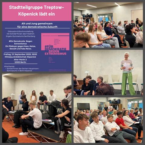 Collage: 4 Fotos aus der Veranstaltung mit Schülergruppen, Omas gegen Rechts, sowie Veranstaltungsplakat