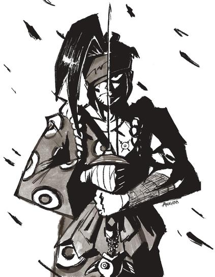 Grayscale illustration of Kenji Brawl Stars holding a katana in front of him, loosely imitating an ink brush-based aesthetic
