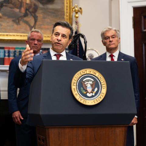 Dr. Marty Makary, the F.D.A. commissioner, speaking at the White House on Monday. President Trump led a briefing with his top health officials, Health Secretary Robert F. Kennedy Jr. and Dr. Mehmet Oz, the head of the Medicare agency, where he pledged to study the root causes of autism.