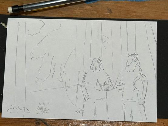 Postcard with the pencil sketch of two chicken dudes posing by some trees.