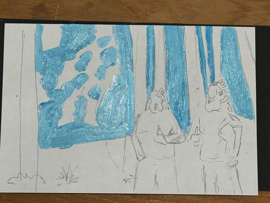 Blue sky painted behind the trees.