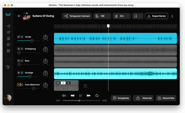Screenshot einer Musik-Editing-App mit mehreren Audiospuren, darunter Vocals, Schlagzeug, Bass. Die Spuren zeigen Wellenformen und Schaltflächen zum Trennen und Exportieren der Tonspuren.