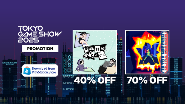 Advertisement for Sony Interactive Entertainment's "Tokyo Game Show 2025" promotion on the PlayStation Store; the two pictured games are Battle Rockets (40% off, left) and Ultra Mission (70% off, right)