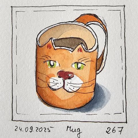 Orangefarbener Becher mit Öhrchen und einem Katzengesicht. Der Henkel ist perspektivisch falsch. 

Orange mug with little ears and a cat's face. The handle is wrong in perspective.