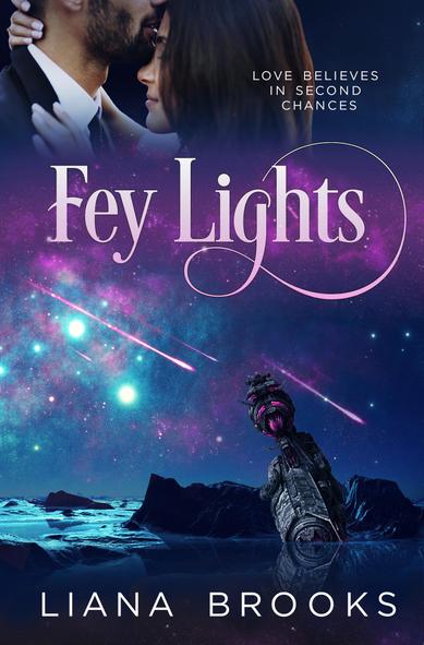 A book cover with a man kissing a woman's head in the top left corner, the title FEY LIGHTS in the center, and a crashed spaceship on a beach on the lower right. The predominant colors are purple and blue.