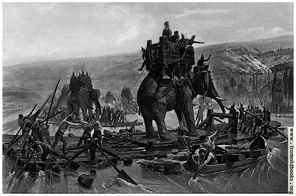 This black and white reproduction of a painting shows an elephant with a small castle built on it, battlements and all, and people inside that tower. The elephant stands on a raft which men are moving apparently with giant oars resembling shovels on pivots, and punting or fishing with spears. Two shirtless men are in a smaller boat that seems to have the ends of giant logs in it that go all the way under the raft to a boat on the other side.

In the background are more elephants on rafts.