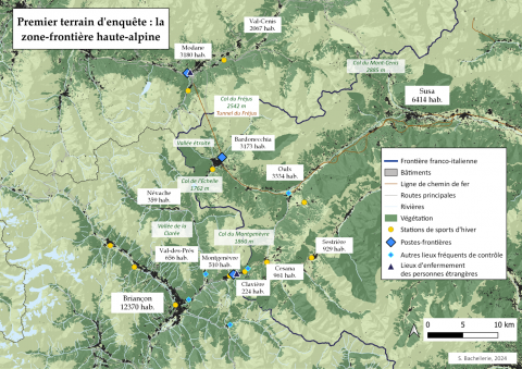 Carte: Une zone-frontière touristique et militarisée : la frontière franco-italienne haute-alpine. Crédit: Sarah Bachellerie.