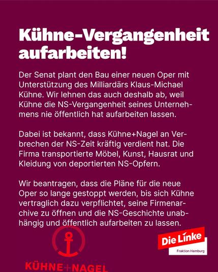 Grafik mit lila Hintergrund. Überschrift: „Kühne-Vergangenheit aufarbeiten!“. Text: Kritik am geplanten Opernbau mit Unterstützung von Milliardär Klaus-Michael Kühne, der die NS-Vergangenheit seines Unternehmens Kühne+Nagel nicht aufgearbeitet hat. Forderung: Baustopp bis zur unabhängigen Aufarbeitung. Logo: Die Linke Fraktion Hamburg.