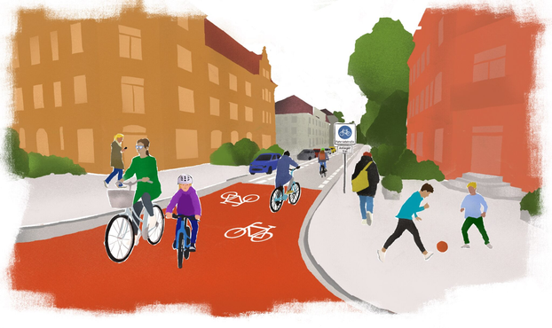 Stilisierte visualisierung der Raderoute West. Man sieht schematisch häuser, eine Kreuzung, Radfahrende Erwachsene und Kinder, Man sieht Passanten, Ball spielende Kinder und Fahrradsymbole auf der Fahrbahn sowie ein Schild "Fahrradstraße".