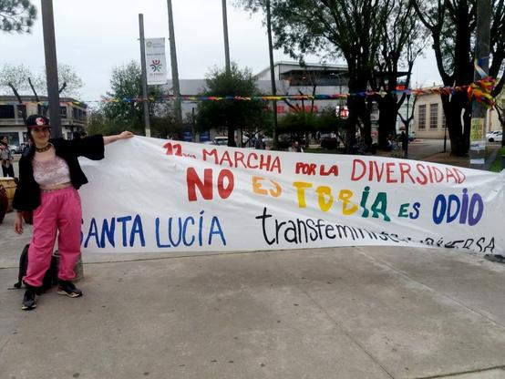 Se ve una plaza, árboles al fondo, una persona a un lado de una pancarta con letras de colores que dice: marcha por la diversidad, No es FOBIA es ODIO. Santa Lucia transfeminista y diversa