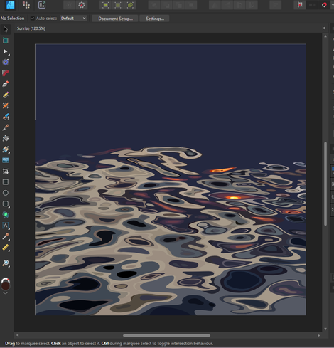Screenshot of a work in progress. Artwork, verctor hand drawn we see reflecions in water. The design is about 50% done. Colors are dark blue, beige and orange. The working title is 'on fluidity of evil'.