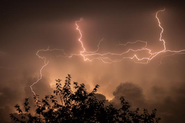Das Bild zeigt eine dramatische nächtliche Szene mit Gewitterblitzen am Himmel. Mehrere helle Blitze ziehen sich verzweigt über den Himmel, ihre Lichtspuren wirken fast wie Adern, die sich durch die Wolken schlängeln. Der Himmel selbst ist in ein gelbliches Licht getaucht, was die Szenerie sehr eindrucksvoll und fast mystisch erscheinen lässt. Im unteren Teil des Bildes erkennt man die dunkle Silhouette von Bäumen, deren Umrisse scharf gegen das grell erleuchtete Gewitter leuchten. Die Wolken sind mächtig und bedrohlich, teilweise von den Blitzen durchdrungen.