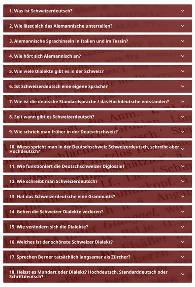 Abbildung der 18 Fragen – die Antworten können auf https://www.idiotikon.ch/schweizerdeutsch-info ausgeklappt und gelesen werden.