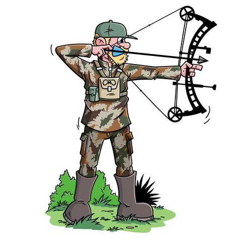 A man with blonde hair and beard, dressed from head to foot in camouflage clothing. He  preparing to shoot an arrow, using a compound bow