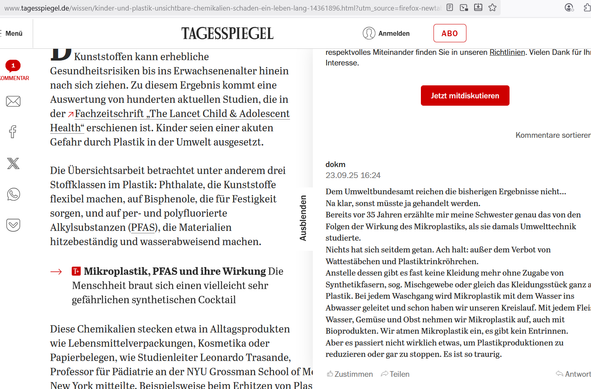 Artikel des Tagesspiegel zu Auswirkungen von Plastik