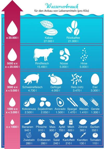 Grafik mit der Darstellung des industriellen Wasserverbrauchs verschiedener Lebensmittel. 
Von unten nach oben, geringer nach hoher Wasserverbrauch. 
(Details im verlinkten Artikel)