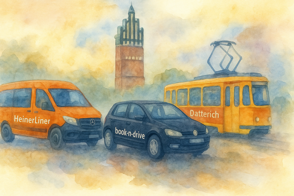 Erstelle folgendes Bild im Format 2:1: Eine künstlerische Collage in Aquarelltechnik, mit weichen Verläufen und fließenden Farbverläufen. Zu sehen sind ein sanft gemalter HeinerLiner Shuttle in Orange und dunklem Blau (ein Mercedes V-Van), ein Book-n-drive Auto in schwarz (ein VW Polo) mit weißem book-n-drive Schriftzug sowie eine Straßenbahn mit der Aufschrift Datterich. Im Hintergrund verschwommene, impressionistische Andeutunge des Fünf-Finger-Turms aus Darmstadt.