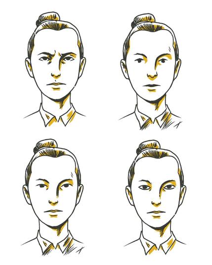 sketch showing four times the same female character with minor changes to the eyes. More defined, less defined.