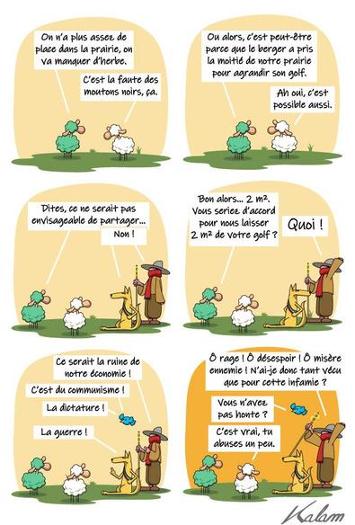 On a plus assez de place dans la prairie, on va manquer d'herbe
C'est la faute du mouton noir ça !

Ou alors c'est peut-être parce que le berger a pris la moitié de notre prairie pour agrandir son golf.
Ah oui, c'est possible aussi.

Dites, ça serait pas envisageable de partager...
Non !

Bon alors. 2 m2, vous seriez ok pour nous laisser 2m2 de votre golf ?
Quoi ! Mais c'est la ruine de notre économie ! C'est du communisme ! De la dictature ! La guerre !

Ô rage ! Ô désespoir ! Ô misère ennemie ! N'ai-je donc tant vécu que pour cette infamie ? 

Vous n'avez pas honte ?
C'est vrai. tu abuse un peu.