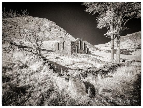 A toned black and white infrared photo of an enclosure on a sloping hillside with low slate walls around a ruined stone building and a tree.