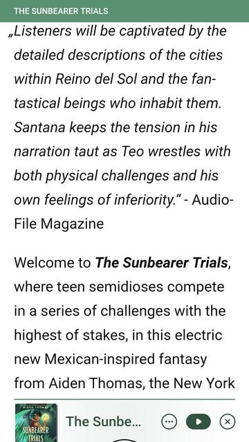 Lob vom AudioFile Magazine für die Stimme, kurze Zusammenfassung des Settings, dass zehn halbgöttliche Jugendliche in einem Wettstreit antreten müssen.