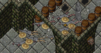 a pile of corpses wearing chainmail armor and holding shields lay on the floor of a castle hallway, there are bone piles and barrels in the background