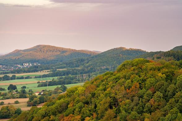 Die Nahaufnahme zeigt eine Landschaft im Übergang von Spätsommer zu Frühherbst. Das Bild wurde von einem erhöhten Standpunkt aus aufgenommen und bietet einen Blick auf eine weitläufige Hügellandschaft.
Im Vordergrund dominiert ein dicht bewaldeter Hügel, dessen Baumkronen bereits die ersten Herbstfarben zeigen – von sattem Grün über leuchtendes Gelb bis hin zu warmem Orange und Braun. Weiter hinten ziehen sich die bewaldeten Hügel in die Ferne und wirken durch die leichte Dunstschicht bläulich-grau.
Das Tal in der Mitte des Bildes ist von landwirtschaftlichen Feldern durchzogen, die in verschiedenen Grüntönen und Braunnuancen leuchten, was auf die unterschiedlichen Anbauflächen hinweist. Ein kleines Dorf mit roten Dächern ist am linken Bildrand zu erkennen, eingebettet in die ländliche Umgebung.
Der Himmel ist klar und weich, mit einem sanften, rosafarbenen Schimmer, der auf einen Morgen hindeutet. Das warme Licht taucht die Szene in eine ruhige und friedliche Stimmung. Das Bild strahlt eine natürliche Schönheit und Stille aus.
