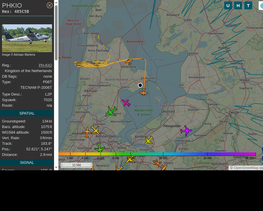 #PHKIO: Kavel 10 Aerial Surveys (#Tecnam P06T, registration: PH-KIO)
Route: No route available
Min. distance: 1.3nm away @ 1050 ft
Heading: S @ 0.0kts
Time: 15:33:51
 #ProbablyLanding #adsb #Venhuizen