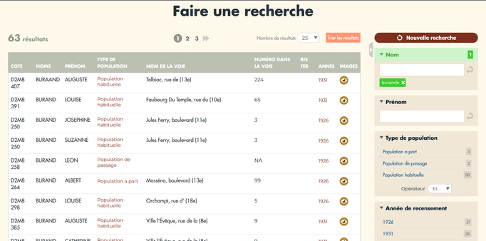 Résultats d'une recherche nominative dans les recensements de Paris : nom "Burande"