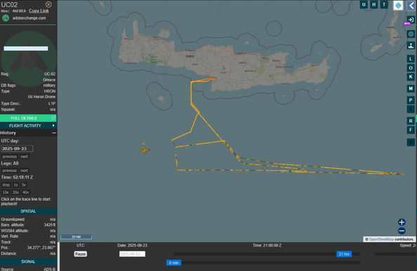 Traccia di volo di un drone militare partito dalla Grecia, un IAI Heron ovviamente di fabbricazione israeliana (prodotto dalla Israel Aerospace Industriesun). Il drone ha operato ha operato al largo di Creta questa notte, lungo una rotta che si colloca molto vicino alla zona dove si è verificato l'attacco alla Global Sumud Flottilla. Gli altri droni, quelli degli effettivi attacchi, sembrano non aver lasciato traccia.