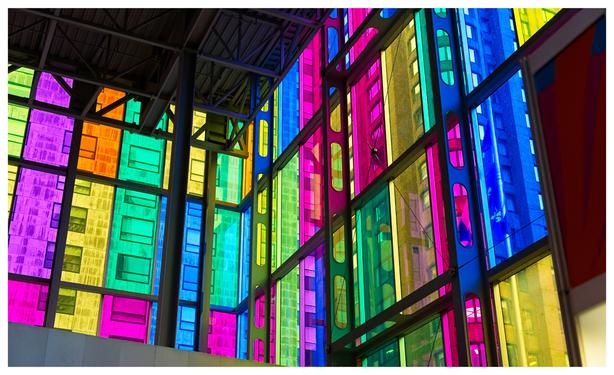 Colored windows inside the Montreal Convention Centre.