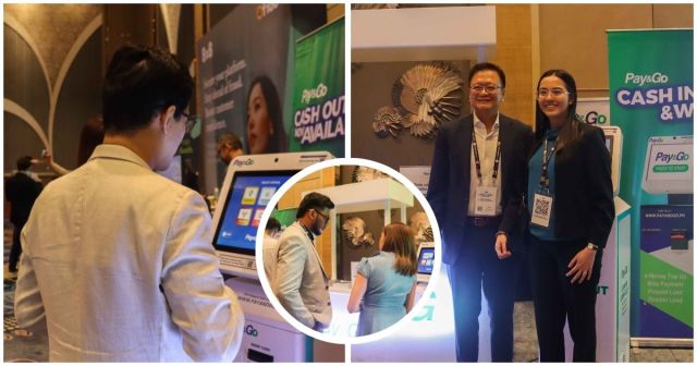 A person using a Pay&Go self-service kiosk at the Manila Tech Summit 2025, with event attendees in the background.