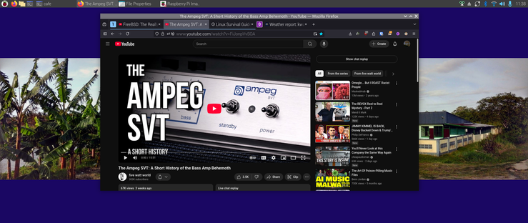 The image shows a computer screen with a YouTube video open in the center. The video is titled "THE AMPEG SVT - A SHORT HISTORY," featuring an image of an Ampeg SVT bass amplifier. The video has 67,000 views and was uploaded 3 weeks ago. The YouTube interface includes a search bar, a chat replay option, and a sidebar with related videos. The sidebar features thumbnails of other videos, including "From the wall world" and "AI MUSIC MALWA." The screen also displays other open tabs, including "FreeBSD," "The Ampeg SVT," "File Properties," "Raspberry Pi Rma," and "Linux Audio Guide." On the left side of the screen, there is an image of banana trees, and on the right side, there is an image of a building with a blue roof. The background of the screen is a dark purple color.

Provided by @altbot, generated privately and locally using Ovis2-8B

🌱 Energy used: 0.201 Wh