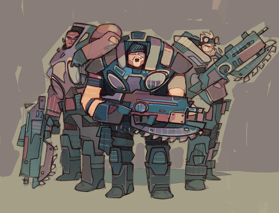 A drawing of Gears of Wars characters Augustus Cole, Marcus Fenix, and Damon Baird. They’re drawn light-heartedly with beefy proportions in beefy armour, each holding a rifle with chainsaw at the front like it’s a bayonet. Cole rests his elbow on Fenix’s shoulder, and they all scowl.