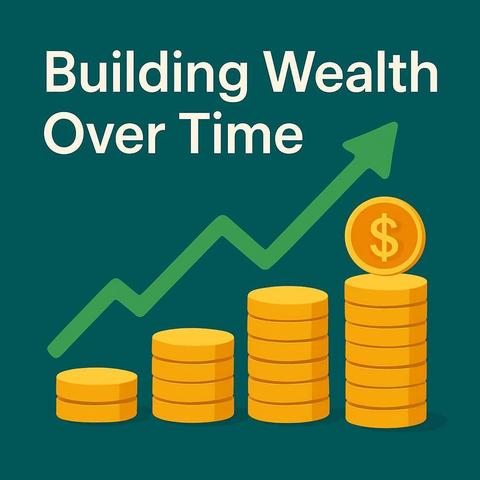 Stacks of gold coins with an upward arrow and the words “Building Wealth Over Time.”