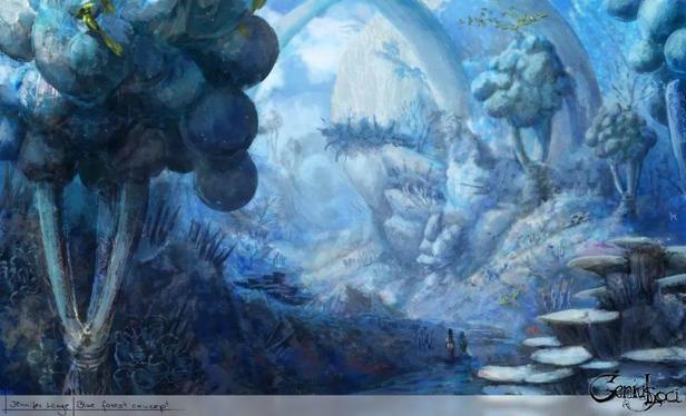 This fantasy forest landscape looks like its underwater, because every plant is blue, and many look like corals or kelp. Enormous, slim white trees arch overhead. Two tiny travellers walk a flat path between small cliffs.