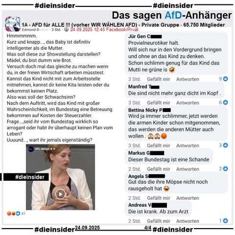 Bundestagsabgeordnete Hanna Steinmüller von Bündnis 90/Die Grünen hat heute Geschichte geschrieben. Zum ersten Mal in der Geschichte des Bundestages hat eine Abgeordnete ihr Baby mit ans Rednerpult genommen. Im März hatte sie ihr Baby schon zur historischen Abstimmung über das Schuldenpaket dabei.

In der Gruppe "1A - AFD für ALLE !!!" wird das RTL aktuell "Premiere im Bundestag" geteilt und u.a. "...das Baby ist definitiv intelligenter als die Mutter. Was soll diese zur Showstellung darstellen? Mädel, du bist dumm wie Brot. Versuch doch mal das gleiche zu machen wenn du, in der freien Wirtschaft arbeiten müsstest. Kannst das Kind nicht mit zum Arbeitsstelle mitnehmen, kannst dir keine Kita leisten oder du bekommst keinen Platz. Also was soll der Schwachsinn? Nach dem Auftritt, wird das Kind mit großer Wahrscheinlichkeit, im Bundestag eine Betreuung bekommen auf Kosten der Steuerzahler. Frage...,seid ihr vom Bundestag wirklich so arrogant oder habt ihr überhaupt keinen Plan vom Leben? Uuuund..., wart ihr jemals eigenständig?" dazu gepostet.

Wir zeigen auf Slide 4 u.a. die Kommentare 

"Provielneurotiker halt. Will sich nur in den Vordergrund bringen und ohne an das Kind zu denken. Schon schlimm genug für das Kind das Mutti ne grüne is. 🤣", "Die sind nicht mehr ganz dicht im Kopf.", "Dieser Bundestag ist eine Schande.", "Gut das die ihre Möpse nicht noch rausgeholt hat. 😂" und "Die ist krank. Ab zum Arzt."