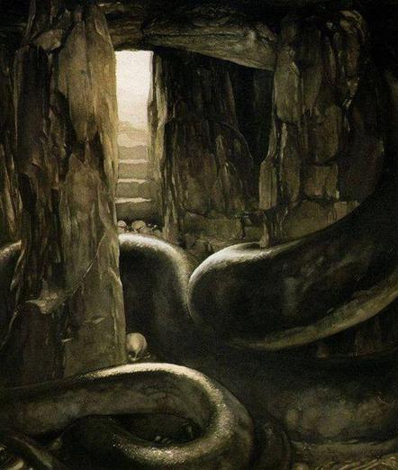 The Black Wyrm waits in its barrow. A painting by Alan Lee.