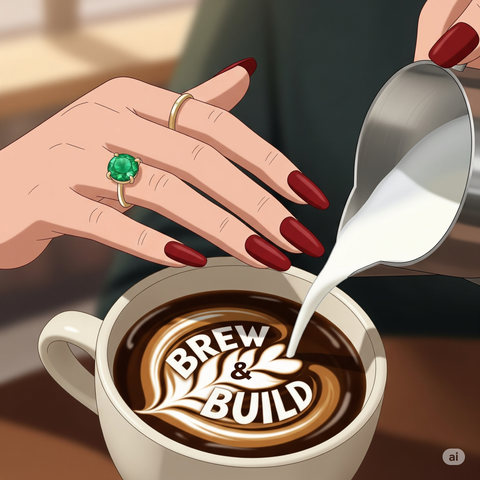AI generated drawing of "Brew & Build" FediCollective poster featuring a latte art pour into a cup of coffee. TO the left of image is a hand with red nail polish and green ring on ring finger and a thin gold band on the forefinger