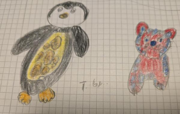 Links ein Pinguin mit vielen Kartoffeln im Bauch
Rechts ein Tiger 
Alles gezeichnet, farbig