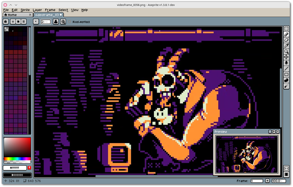 🕶️ A view of its UI (v.1.3.8.1) while editing an image retrieved from mastodon (image credit: datagoblin, https://mastodon.gamedev.place/@datagoblin/113177155024915255, showing a little cat in Satan's arms and entitled ‘protip: satan hates it when you solve puzzles’) and a preview window.

📚️ Aseprite is a free (redistribution forbidden) / paid, multi-platform image editor for 2D drawing and animation (animated sprites) in pixel art (pixel by pixel). It offers various tools for editing images and animations (layers, frames, tilemap, Lua scripts, ...) and allows export to different file formats (PNG, GIF, FLC, FLI, JPEG, PCX, TGA & bitmap). To store its data, it uses a specific binary format (.ase or .aseprite) supported by several programming languages & game engines.