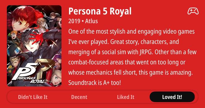 One of the most stylish and engaging video games I’ve ever played. Great story, characters, and merging of a social sim with JRPG. Other than a few combat-focused areas that went on too long or whose mechanics fell short, this game is amazing. Soundtrack is A+ too!