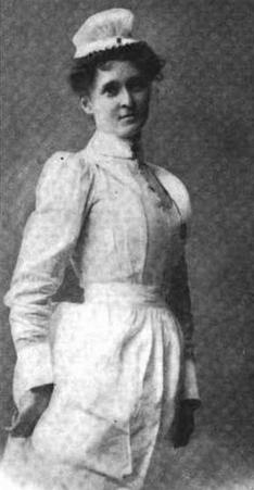 Sada Tomlinson, from a 1907 publication; a young white woman with dark hair, wearing a nurse's uniform, standing