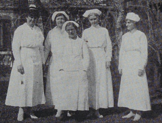 Western nurses on staff at St. James Hospital in Anqing, China in the 1920s; Sada C. Tomlinson is fourth from the left