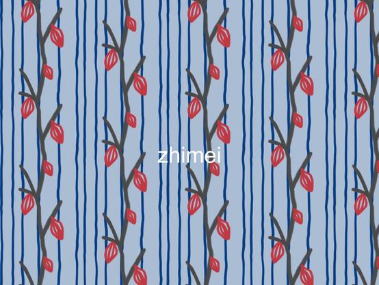 背景くすみ水色に青いストライプと赤い木の実の木々