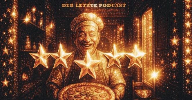 Ein freundlicher Pizzabäcker serviert dem Betrachter des Bildes breit lächelnd eine Pizza Salami. Das ganze Bild ist golden glänzend und leuchtend stilisiert, ein Kunstwerk aus vielen glühenden Strenchen ganz in güldenes Licht gehüllt. In der Bildmitte sehen wir groß 5 goldene Riesensterne im Stile typischer "5 von 5" Bewertungen auf Webportalen. Dies ist ein mit ChatGPT K.I.-generiertes, satirisches Bannerbild von "Der Letzte Podcast" Folge 530.