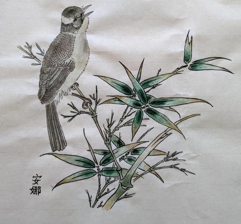 A painting in Chinese Gongbi style on rice paper, representing a bird singing while standing on a bamboo stem. The bird is grey and pale green, with the bamboo leaves going from dark green at the base to lighter green to yellowish green at the tip. The bird occupies the top left of the painting, while the bamboos are more centre. Signature at the bottom left says Anna in Chinese.